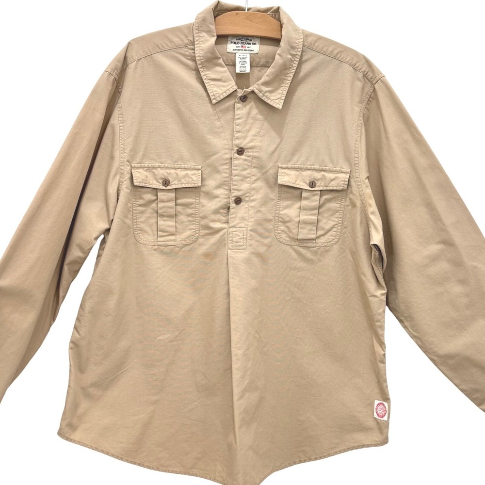 Vintage Ralph Lauren Polo Jeans Work Shirt XL Khaki Canvas Utility Pullover  Y2K